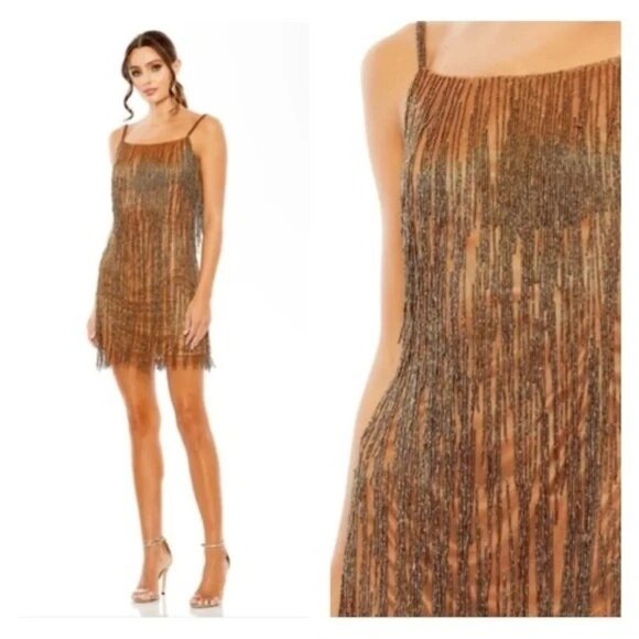 NEW Mac Duggal 5935 Copper Beaded Fringe Mini Cocktail Dress Scoop Neck Size 0